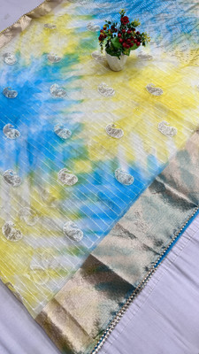 Stylish Sarees Embroidered, Hand Painted, Self Design Bollywood Organza Saree(Light Blue, Yellow)