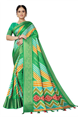J6 Designers Printed Leheria Cotton Silk Saree(Green)