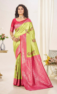 meghana Woven Saree with Attached Blouse Silk Blend Saree(Green)