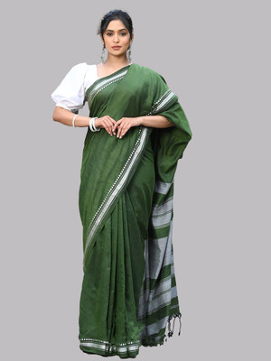 RIDDHIMAN FASHION Striped, Solid/Plain Handloom Cotton Blend Saree(Green)