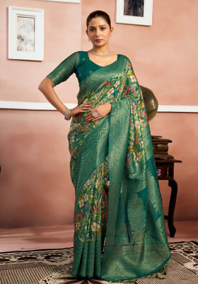 RUCHAA FASHION Floral Print, Woven Banarasi Silk Blend Saree(Dark Green)