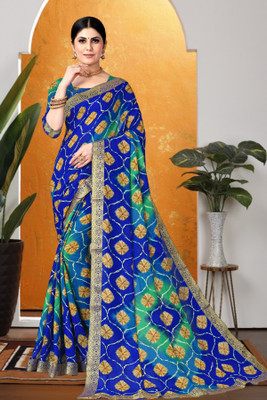 Kanooda Prints Printed Bandhani Georgette Saree(Blue)