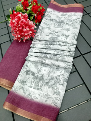 AARAANA Printed Kanjivaram Linen Saree(White)