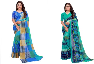 Suntex Geometric Print Daily Wear Georgette Saree(Pack of 2, Blue)