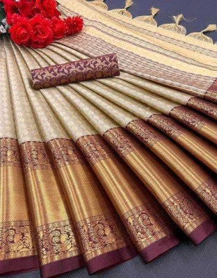 HetavyaCreation Woven Banarasi Cotton Silk Saree(Cream)