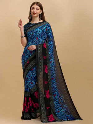 Leelavati Floral Print Bollywood Georgette Saree(Blue)