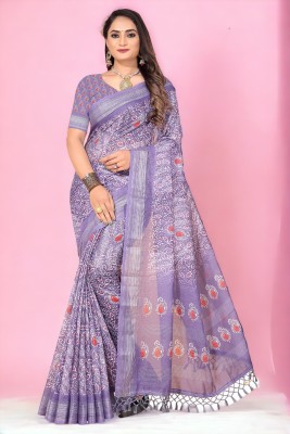 Raghav Silk Studio Digital Print, Woven Bollywood Cotton Linen Saree(Purple)