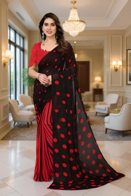 SmittenSmit Printed Bollywood Georgette Saree(Black, Red)