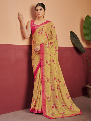 Tasrika Floral Print Bollywood Chiffon Saree(Mustard)