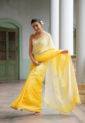 govind handloom Self Design Handloom Linen Saree(Yellow)