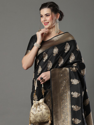 Sareemall Printed Tant Silk Blend Saree(Black)