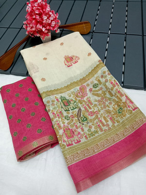 HouseOfCommon Printed Kanjivaram Linen, Cotton Linen Saree(Pink, Beige)