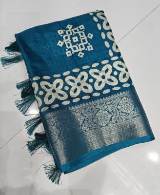 J6 Designers Printed Hand Batik Cotton Silk Saree(Blue)