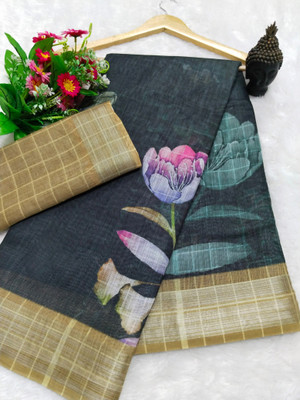 HangerStories Woven Bollywood Linen, Cotton Linen Saree(Black)