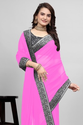 Aai shree khodiyar Woven, Embellished, Solid/Plain, Self Design Bollywood Georgette, Chiffon Saree(Pink, Black)