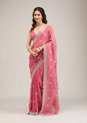 Aarvi Enterprise Embroidered Saree with Attached Blouse Tissue Saree(Pink)