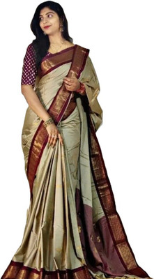 AAYATFABRICS Woven Banarasi Cotton Silk Saree(Beige)