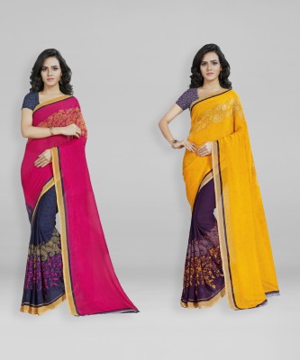 kashvi sarees Printed Bollywood Georgette Saree(Pack of 2, Pink, Yellow)