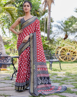 Tasrika Blocked Printed, Printed Daily Wear Pure Cotton Saree(Red, Black, White)