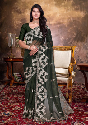 Yashakti Designer Embroidered Bollywood Supernet Saree(Dark Green)