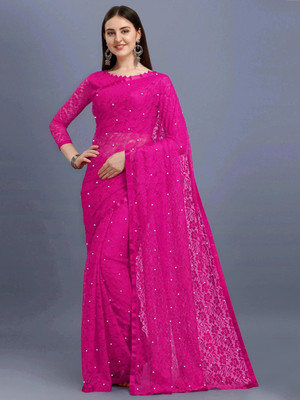 LOROFY Self Design Bollywood Net Saree(Pink)