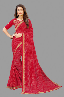 immolate Self Design, Printed Bandhani Chiffon Saree(Red)