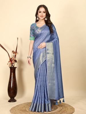J6 Designers Checkered Assam Silk Art Silk Saree(Blue)