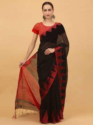 NIBIRAPON Geometric Print, Woven Jamdani Pure Cotton Saree(Black, Red)