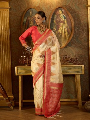 Vichitra Woven Banarasi Pure Silk Saree(Cream)