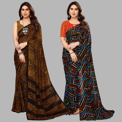 kashvi sarees Self Design, Printed Daily Wear Georgette Saree(Pack of 2, Yellow, Black, Multicolor)