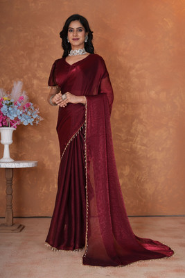 Vraggi Embellished, Embroidered, Solid/Plain Bollywood Chiffon, Pure Silk Saree(Maroon)