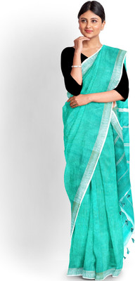 PuJoy Self Design, Solid/Plain Handloom Cotton Blend Saree(Green)