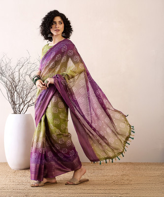 Divastri Printed Bandhani Linen Saree(Multicolor)
