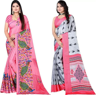 Leelavati Printed Daily Wear Crepe Saree(Pack of 2, Pink, Grey)