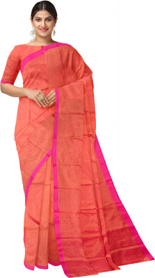 HARE KRISHNA ENTERPRISE Solid/Plain Handloom Cotton Silk Saree(Orange)