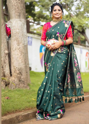 Bansari Textiles Self Design, Woven, Printed, Solid/Plain, Applique, Polka Print Banarasi Cotton Silk, Jacquard Saree(Green)
