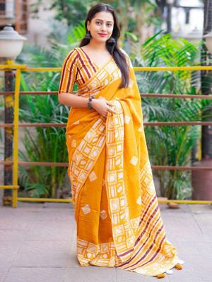 Shoploom Printed Handloom Pure Cotton Saree(Yellow)
