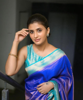 SetuMaalik Embellished, Woven, Self Design, Striped Banarasi Jacquard, Cotton Silk Saree(Blue)