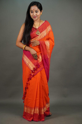 sourav biswas Self Design Tant Pure Cotton Saree(Orange, Pink)