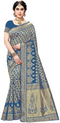 Nirvaan Polka Print Banarasi Cotton Silk, Jacquard Saree(Blue)