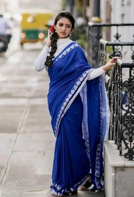 AGAMONI Embroidered Handloom Cotton Blend Saree(Blue)