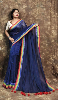 ANU INDIAN FASHION Woven Handloom Cotton Blend Saree(Dark Blue)