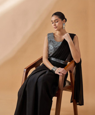 all about you Self Design Bollywood Satin Saree(Black)