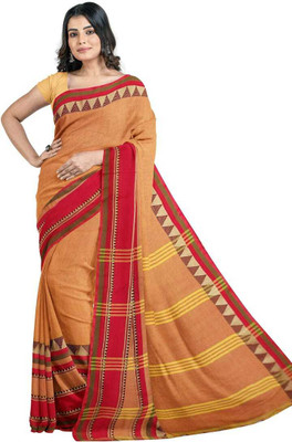 SSK Striped, Checkered, Temple Border Bollywood Handloom Cotton Blend Saree(Blue, Multicolor)
