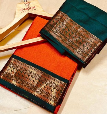 Moltira Woven, Solid/Plain Maheshwari Silk Blend, Cotton Silk Saree(Orange, Green)