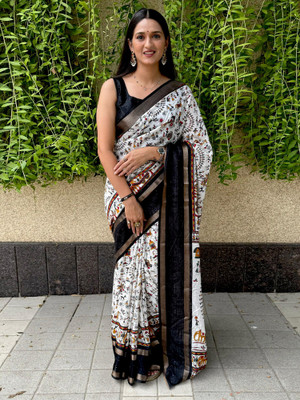 Anouk Rustic Printed Hand Batik Cotton Blend Saree(White)