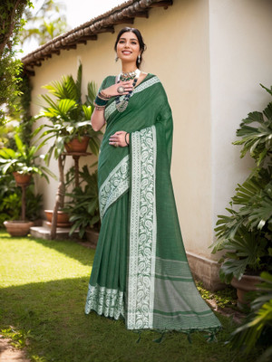 ANOUK Woven Bollywood Linen Saree(Dark Green)