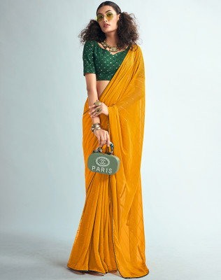 SIRIL Solid/Plain Bollywood Georgette Saree(Yellow)