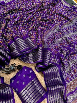 Aneri Printed Bollywood Silk Blend Saree(Purple, Cream, Yellow)