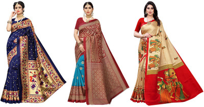 YASHIKA Printed, Woven Kasavu Art Silk Saree(Pack of 3, Multicolor)